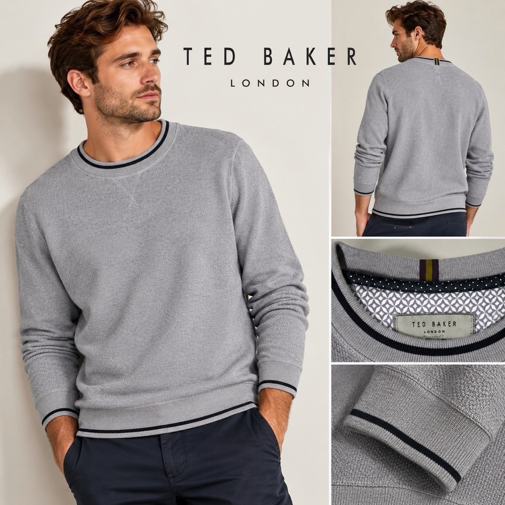 Ted Baker London Mens  4 Gray Textured Crewneck Sweatshirt Pullover Designer